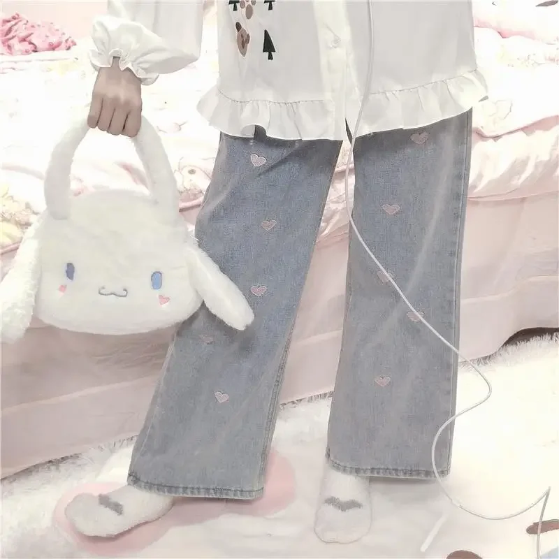 

Sweet Japanese Heart Embroidery Jeans Vintage High Waist Y2k Loose Pants Streetwear Denim Women Wide Leg Trousers Straight