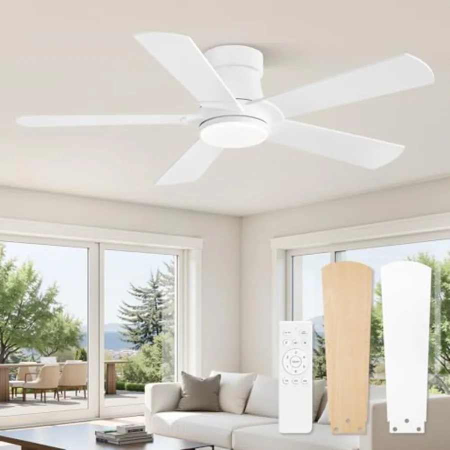 Bedroom indoor ceiling fan with light and remote, white ABS plastic, modern low-profile flush mount, 42 inch, 5 reversible blad