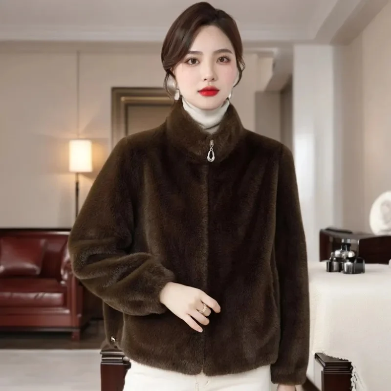 Female Long Sleeves Fur Jacket Winter Ladies Loose Faux Fur Outwear 2024 High End Women Fashion Stand Collar Mink Fur Coat Top