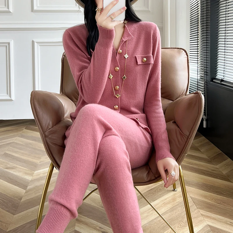 Fashion Two-piece Suit 100% Wool Cashmere Suit Women\'s Round Neck Cardigan Casual Pencil Pants 2024 Autumn/Winter New Female Set