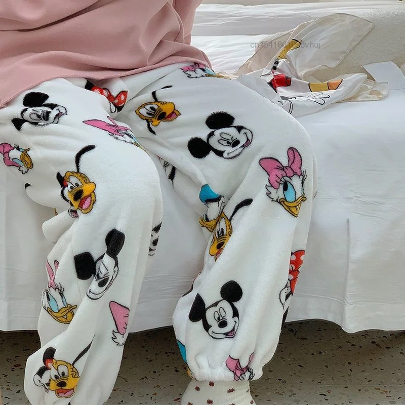 Disney Mickey Mouse New Style Flannel Pajamas Pants White Women Soft Plush Trousers Y2k Clothes Kawaii Female Casual Home Pants