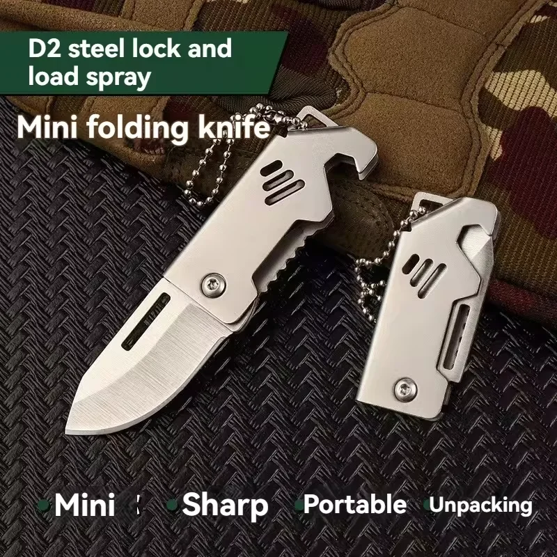 Mini Outdoor Folding Knife D2 Steel Portable Bottle Opener Sharp Cutting Tool Hanger High Hardness Knife Camping Survival Tool