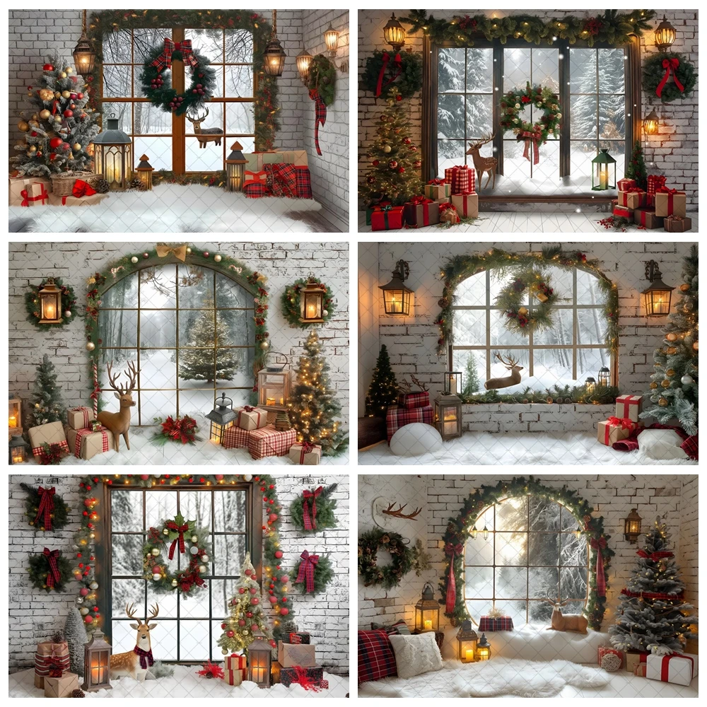 

Christmas Photography Backdrop Xmas Tree Wreath Elk Brick Wall Window Snow Scene Family Portrait Photo Background Props