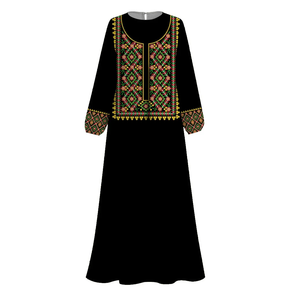 2024 Islamic Femme Abaya women Imitation Embroidery Print O-neck Abaya Muslim Dress Long Sleeves Dubai Turkey Saudi Casual Robe