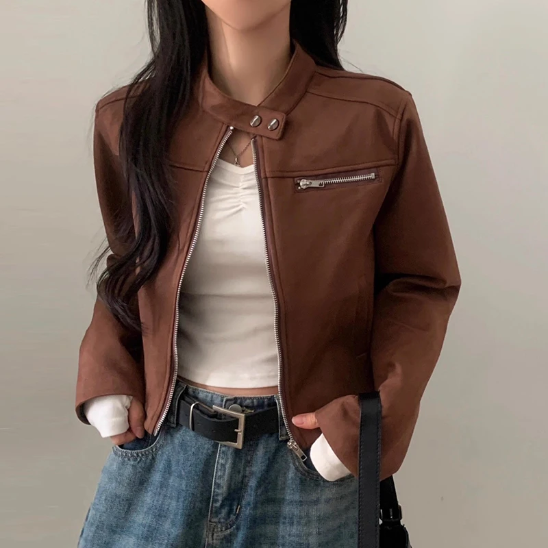 Chic Herbst Neue Sle frauen Biker Jaet Lange Sve Stehkragen Wildleder Leder Mantel Faionable Oberbekleidung Pendeln Sle