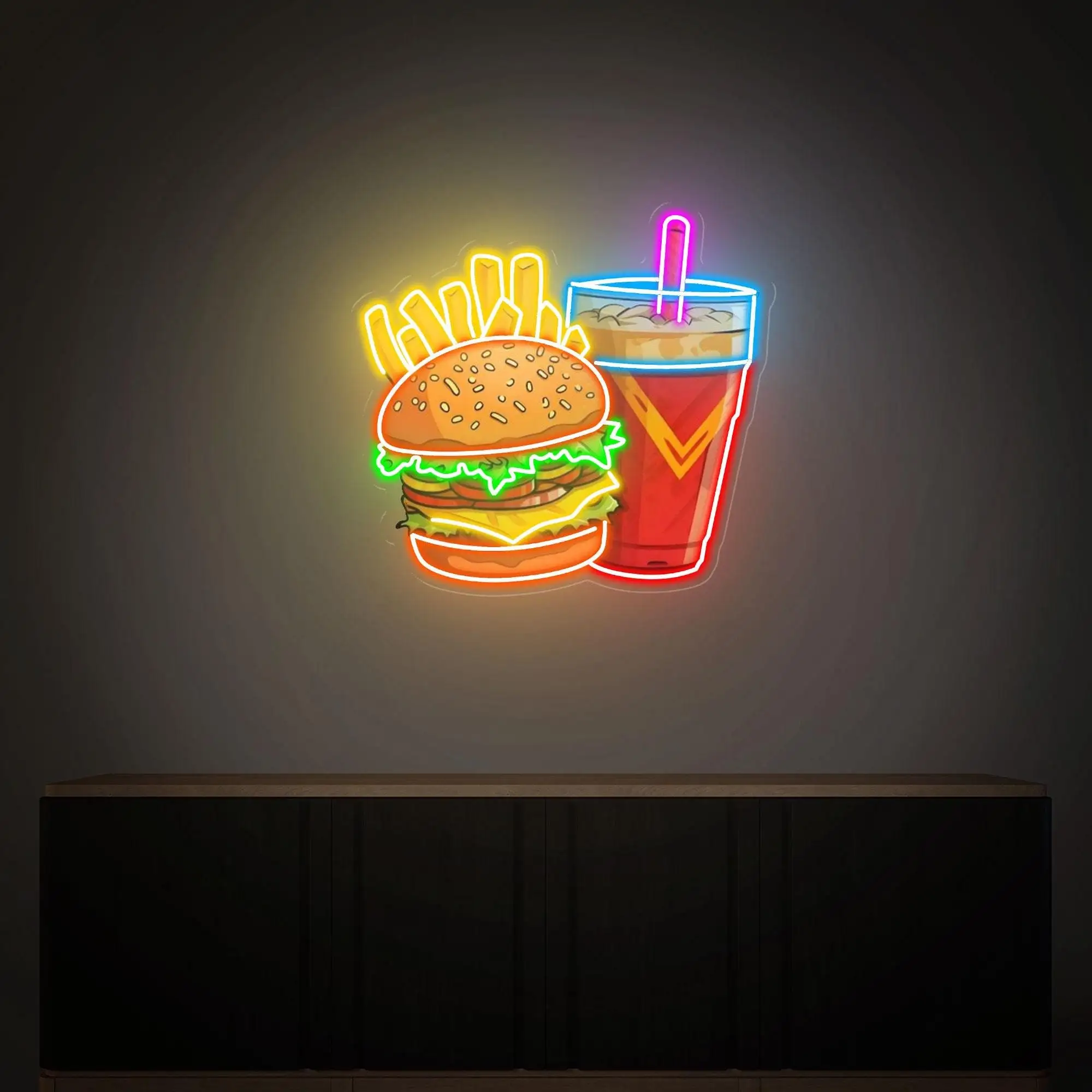 Burgers and Drinks Neon Sign Fast Food Business Restaurant Shop Sign Hamburger Neon Light Burgers Decor UV Print Acrylic Sign