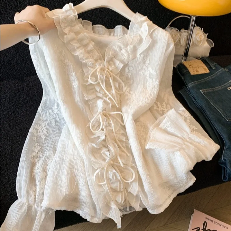 

French Elegance Intellectual Ruffle Edge Strap Bow Blouse Kochi Women's Wear Commuter Chiffon Shirt Embroidery Temperament 2026