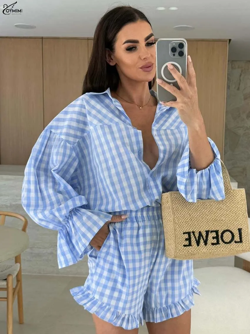 

Oymimi Elegant Blue Print Two Piece Outfits Woman Casual Long Sleeve Single Breasted Shirts And High Waisted Pockets Shorts Sets