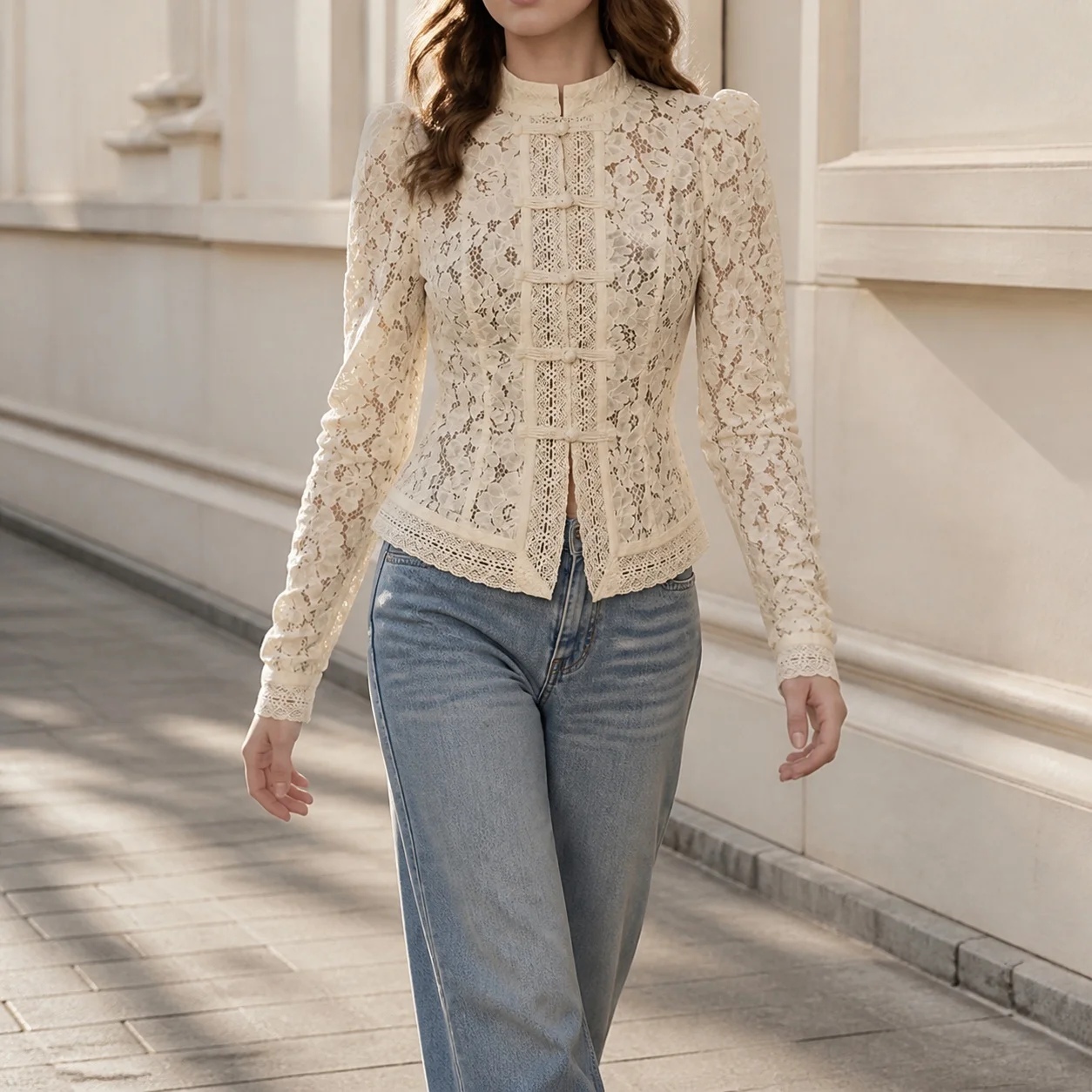 Stand Collar Slim Fit Shirt Regular Length Elegant with Floral Pattern Flutter Sleeve Long Sleeve Summer Blouse Women Blouse