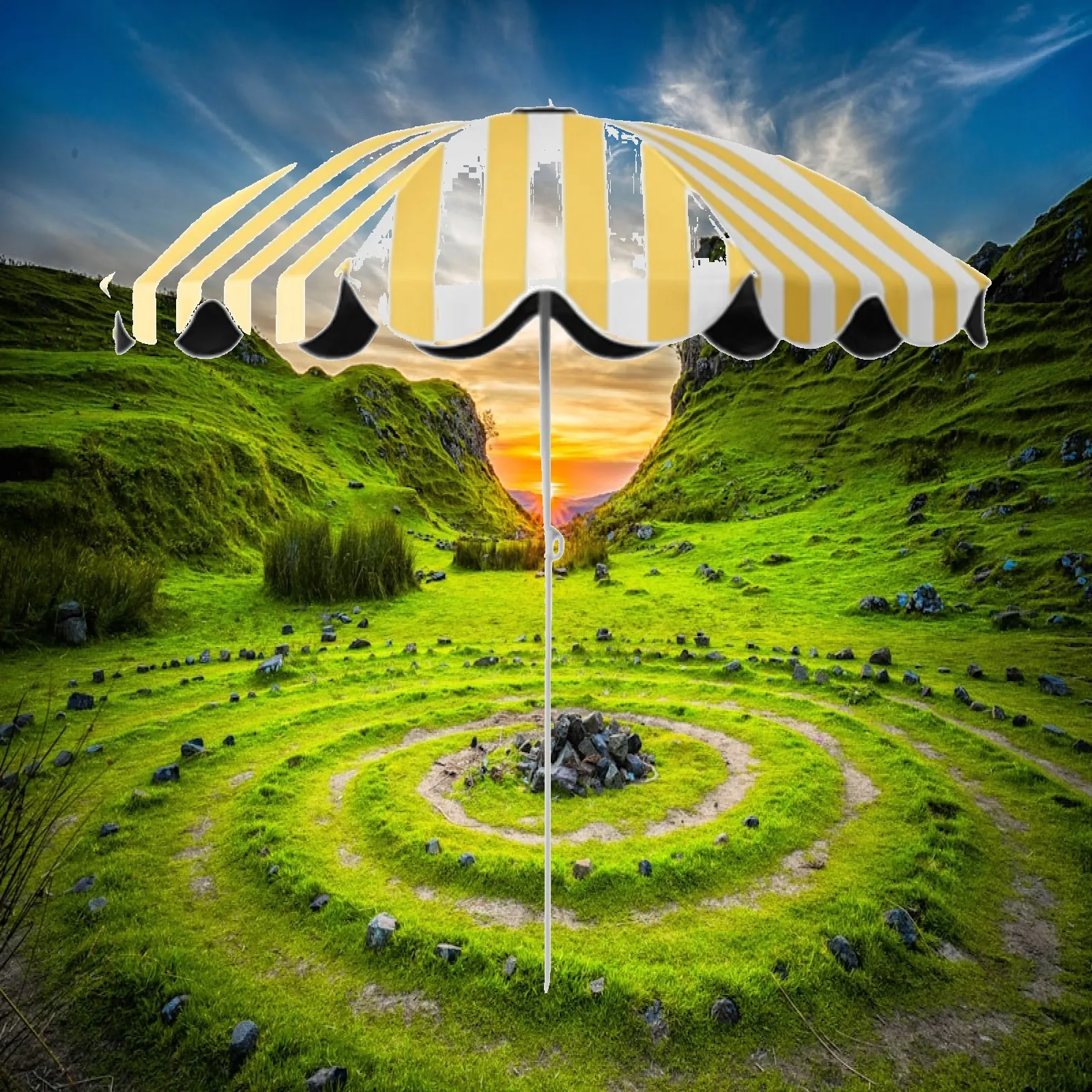 Patio Garden Umbrella Yellow and White Striped Beach Sunshade Waterproof Vinyl Protection for Pool Backyard Terrace Use