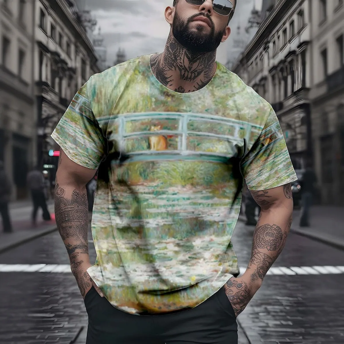 クラウド・オレンジ・オン・ジャパニーズ・ブリッジ・ウォーターリリー・ポンド・ポスター新着ファッションメンズ半袖オールオーバープリントTシャツU