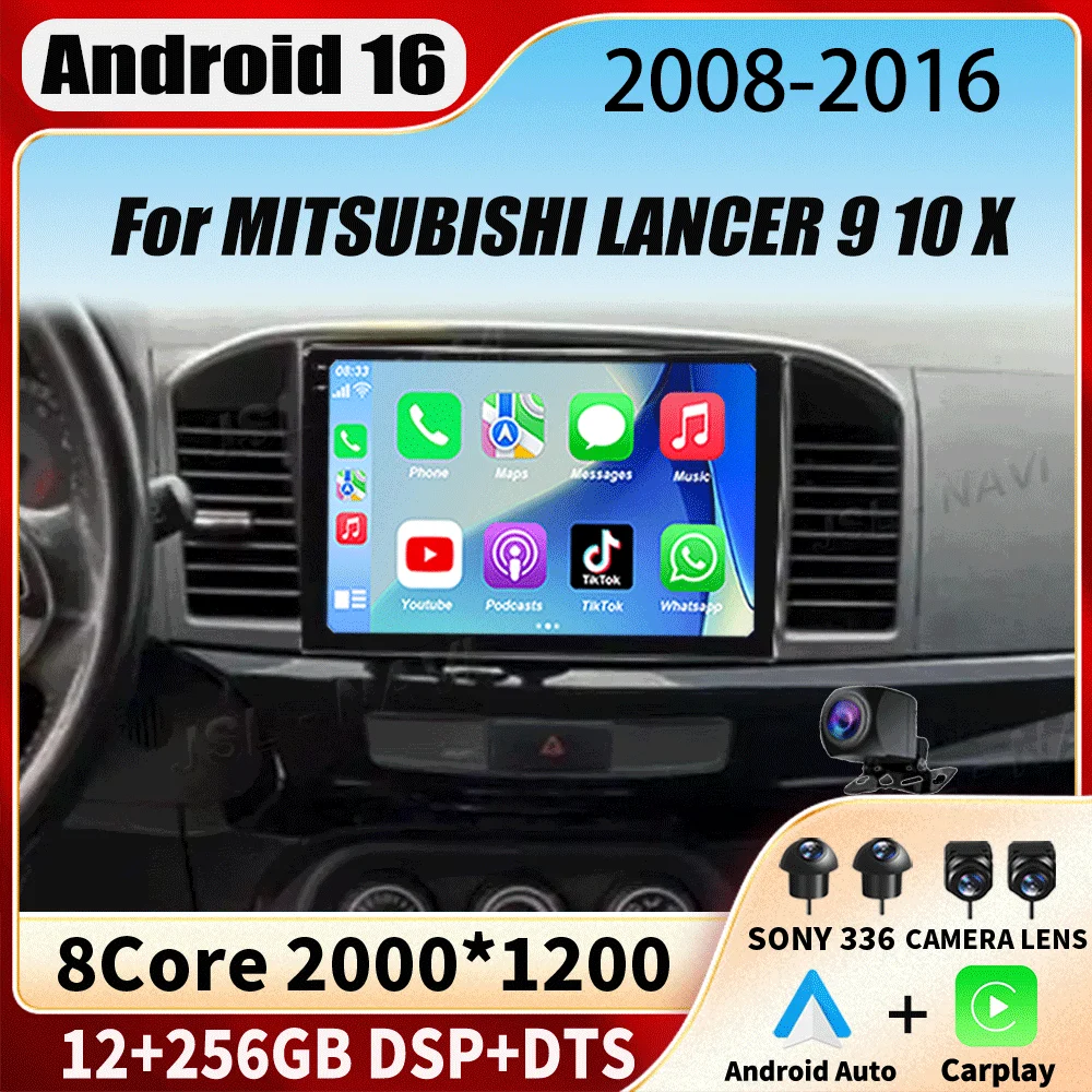 Radio con Pantalla Android 16 para MITSUBISHI LANCER 9 10 X 2008-2016, Reproductor de Video para Auto, Estéreo de 9 Pulgadas, Reproductor de Audio con GPS, Carplay, Pantalla Automática