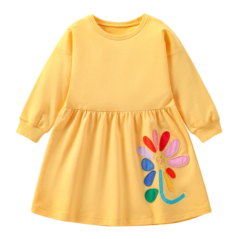 Little maven Girls Autumn Long Sleeves Dress Frocks with Pretty Clothes Flowers Appliques Yellow Dresses Girls Elegant Dress