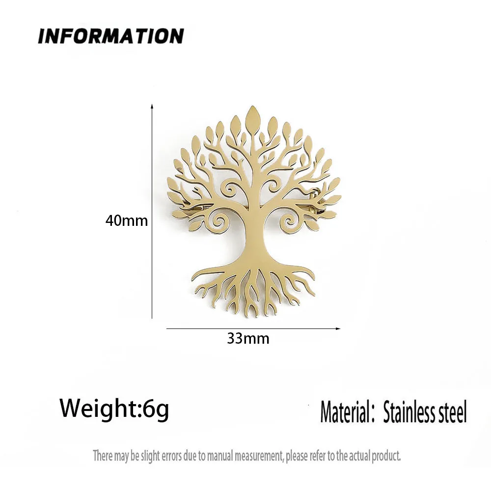 Original design hollow tree of life stainless steel gold-plated brooch, waterproof and non-fading pin, men's suit badge
