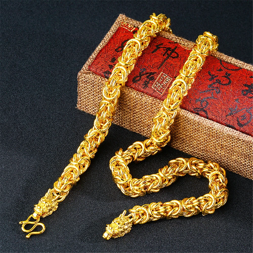 Mens Necklace 24K Yellow Gold Plated 8mm Dragon Chain Necklace 24inch Collar Male Jewelry Accessories Christmas Gifts Bijoux