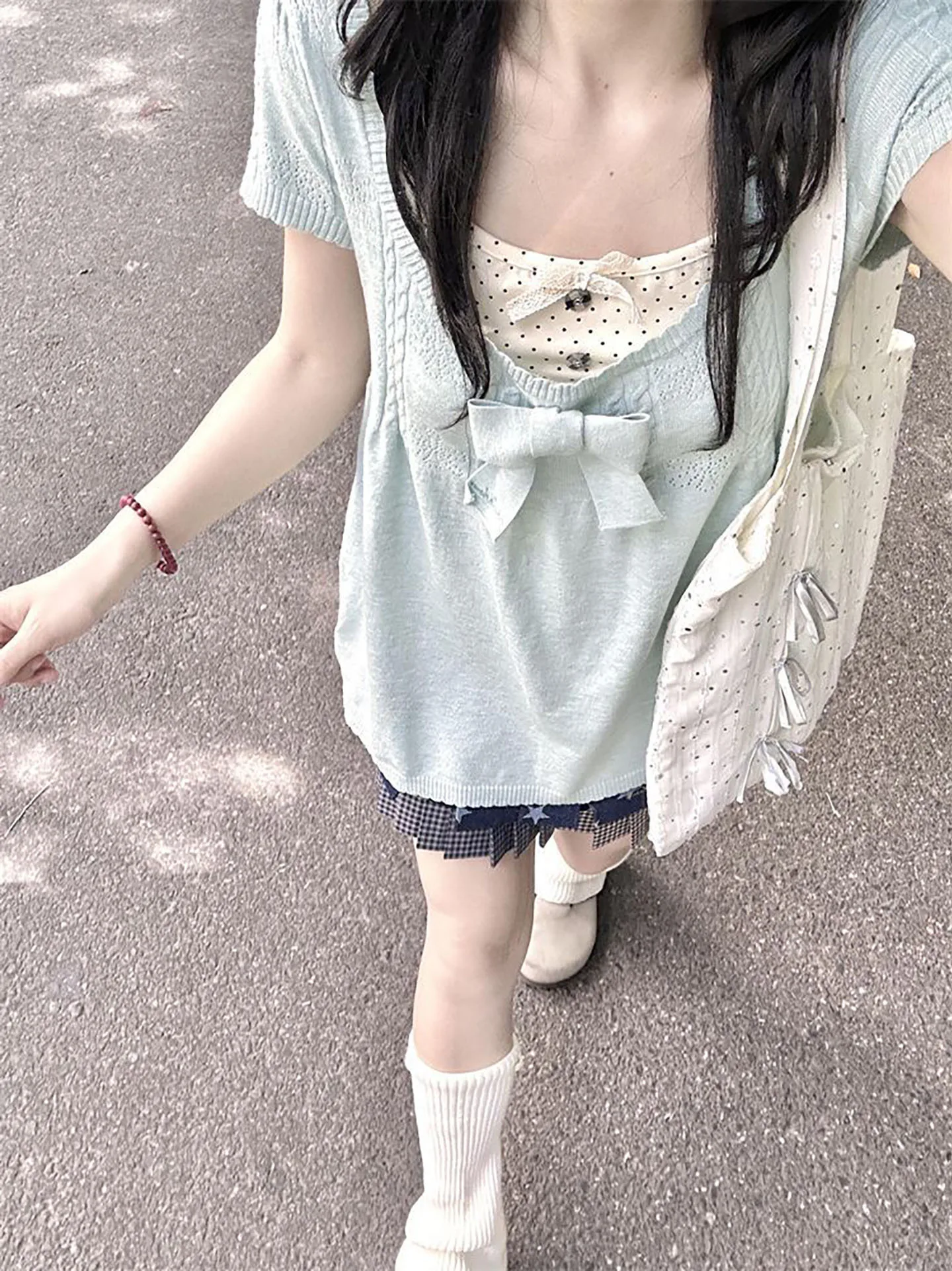 

New Gentle Refreshing Mint Green Loose Knot Short Sleeve Top with Apricot Polka Dot Strap Two Piece Set Summer Fash...