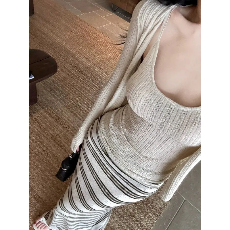 Lazy Striped Knitted Skirt + Hollow Pit Strip Knitted Cardigan Jacket Women's New Suspender Vest Three-piece Set