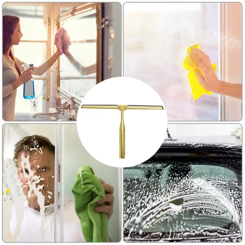 Shower Squeegee Stainless Steel Golden Floor Squeegee with Handle Glass Squeegee for Mirror Tiles Counter Shower Squeegee