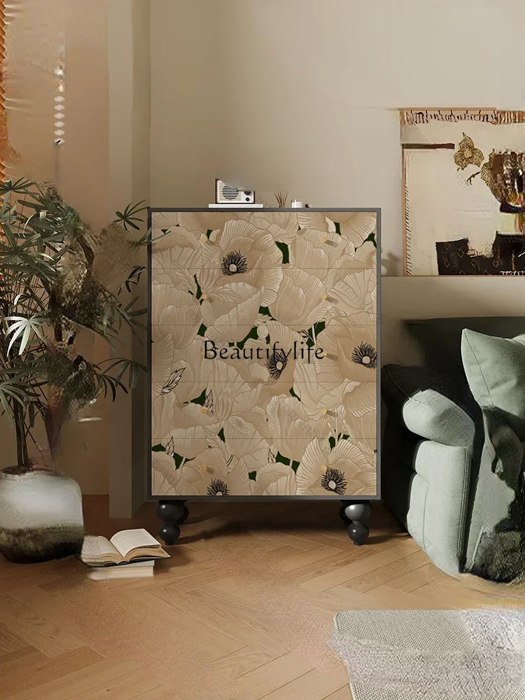 FG43*Chinese style hibiscus picture entrance solid wood chest cabinet decoration against the wall free installation locker