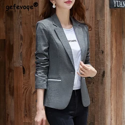 Women's Spring Autumn Korean Fashion Elegant Slim Blazer Jacket Office Lady Business Casual Notched Collar Long Sleeve Suit Coat