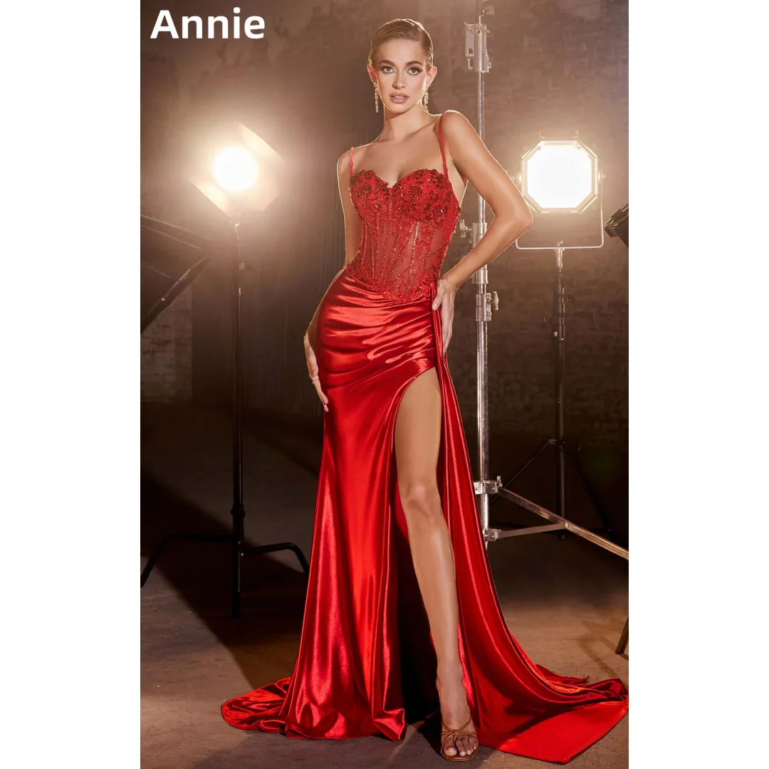 Annie querida vestido de casamento vermelho glitter frisado anti-seda vestidos de baile sereia fenda lateral feminino vestidos de ocasião sob medida