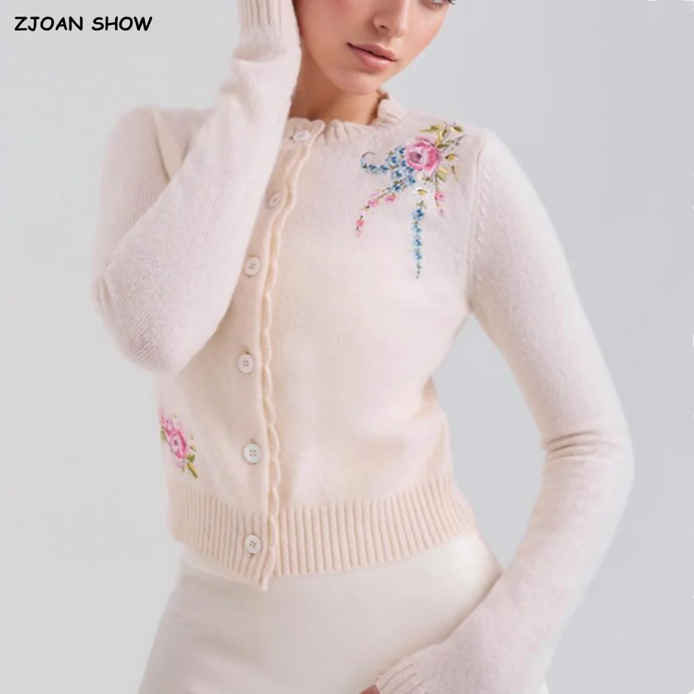 

2025 Autumn Sweet Apricot Embroidery Flower Knit O neck Cardigan Women Single-breast Buttons Full Sleeve Short Sweater Knitwear