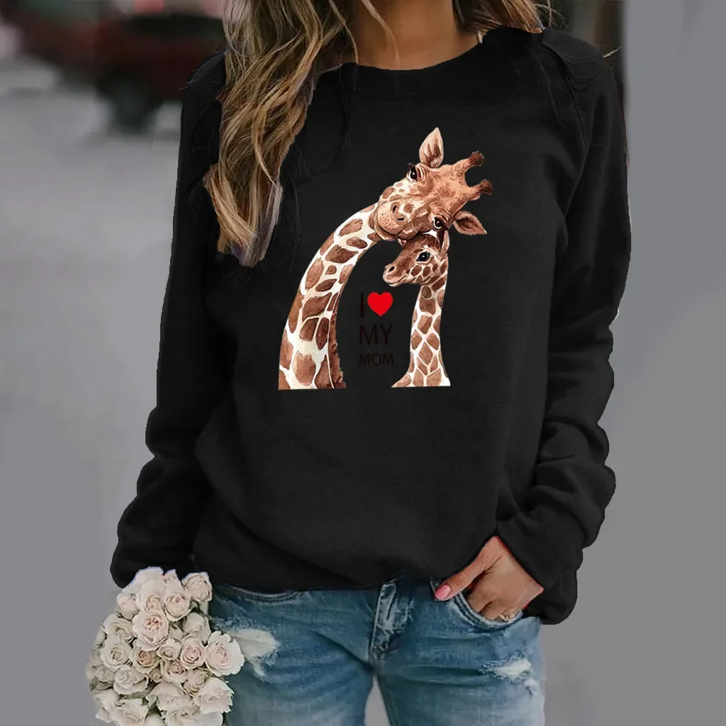 Giraffe Print Long Sleeve Round Neck Hoodie Woman Sweatshirt Tops Sweatshirts Streetwear Women Clothes
