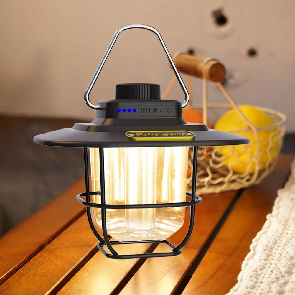 LED Decorative Hanging Lights Type-c Charging Retro Camping Lighting Battery Indicator with Hook Dimmable for Outdoor Equipment