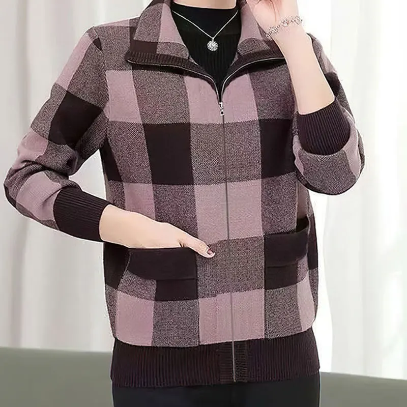 Office Lady Simplicity Autumn Winter Thin 2023 New Casual Fashion Loose Women's Clothing Plaid Turn-down Collar Zipper Jackets