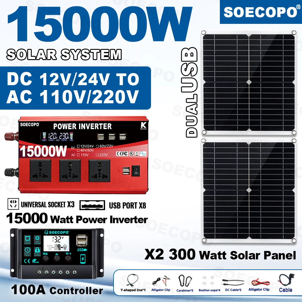 

SOECOPO 15000W Complete Photovoltaic System Kit - 2*300W Solar Panels DC 110V/220V Inverter 100A Controller Balcony Power Plant