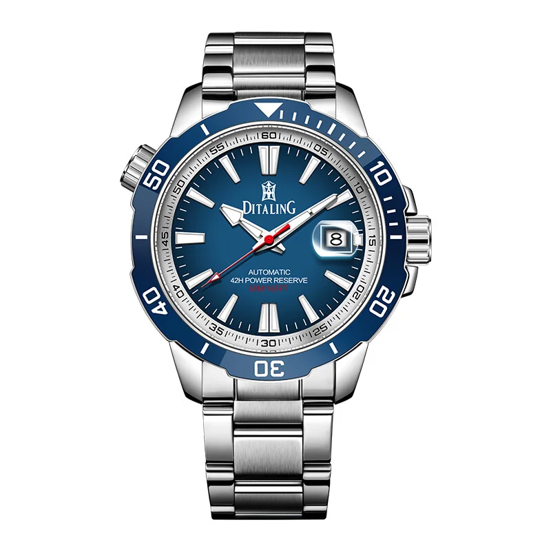 DITALING Men Automatic Watch 42mm Mechanical Wristwatch 50M Waterproof Luminous Sapphire Mirror Exhaust Valve Gradient Dial