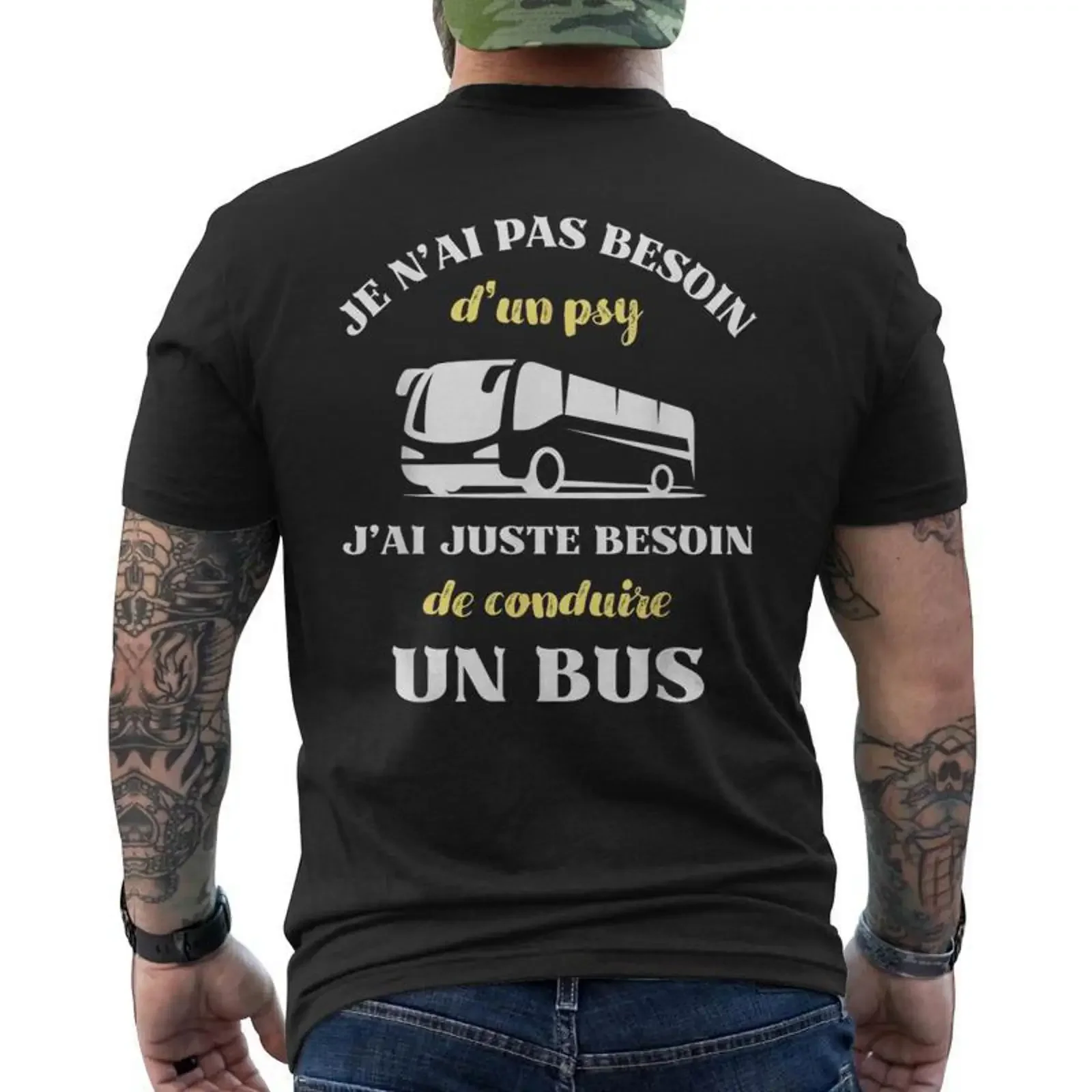 No Need for a Therapist Bus Humor Funny Man T shirt with Back Print Cadeauxyz vintage Washed Soft Slightly graphic Comfortable