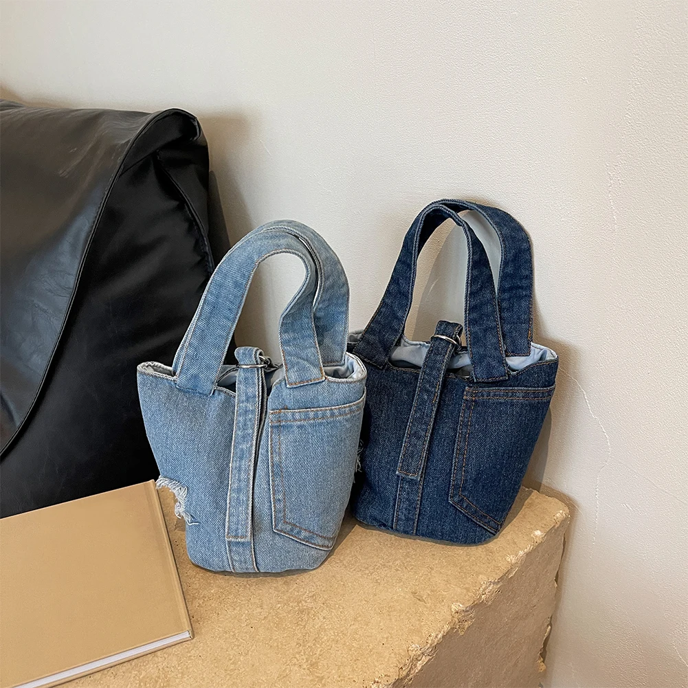 Women Street Handbag Fashion Denim Tote Bag Solid Color Handle Handbag Casual Shoulder Bag for Date Party Shopping for Women