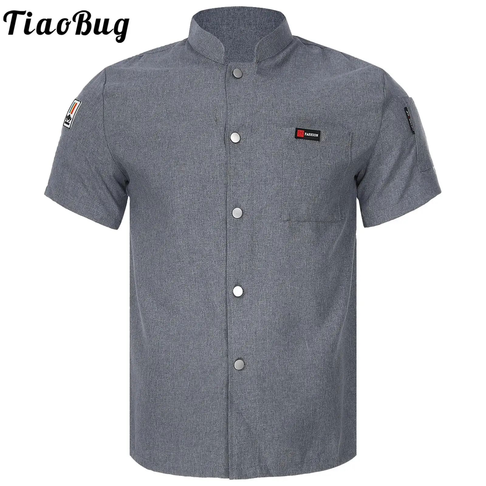 Men Women Button Down Chef Shirts Cooking Jacket Stand Collar Short Sleeve Kitchen Uniform Tops for Restaurant Hotel Cafe Bakery