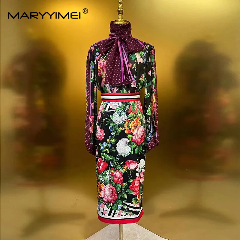 

MARYYIMEI Spring Women's Silk Suit Scarf Collar Long sleeved Loose Pullover Top＋Package hip Floral print Skirts Two Pieces Set