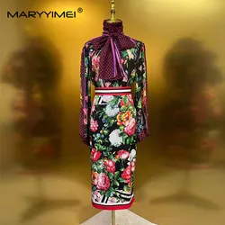 MARYYIMEI Spring Women's Silk Suit Scarf Collar Long sleeved Loose Pullover Top＋Package hip Floral print Skirts Two Pieces Set