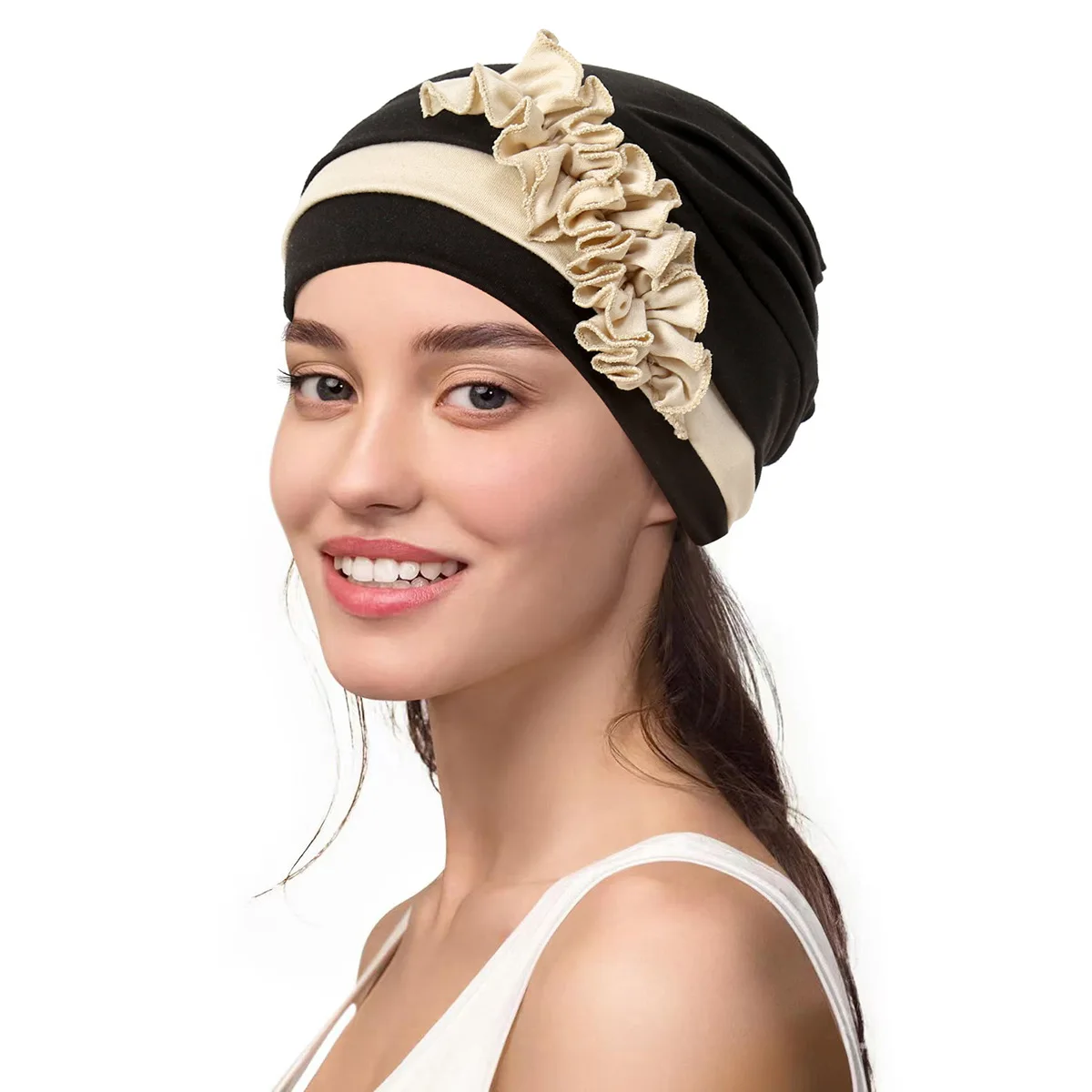 Hot Selling Women's Flower Cap Stretch Solid Pleat Chemo Hat African Headwear Indian Bonnet Turkey Muslim Hijab Turban Inner