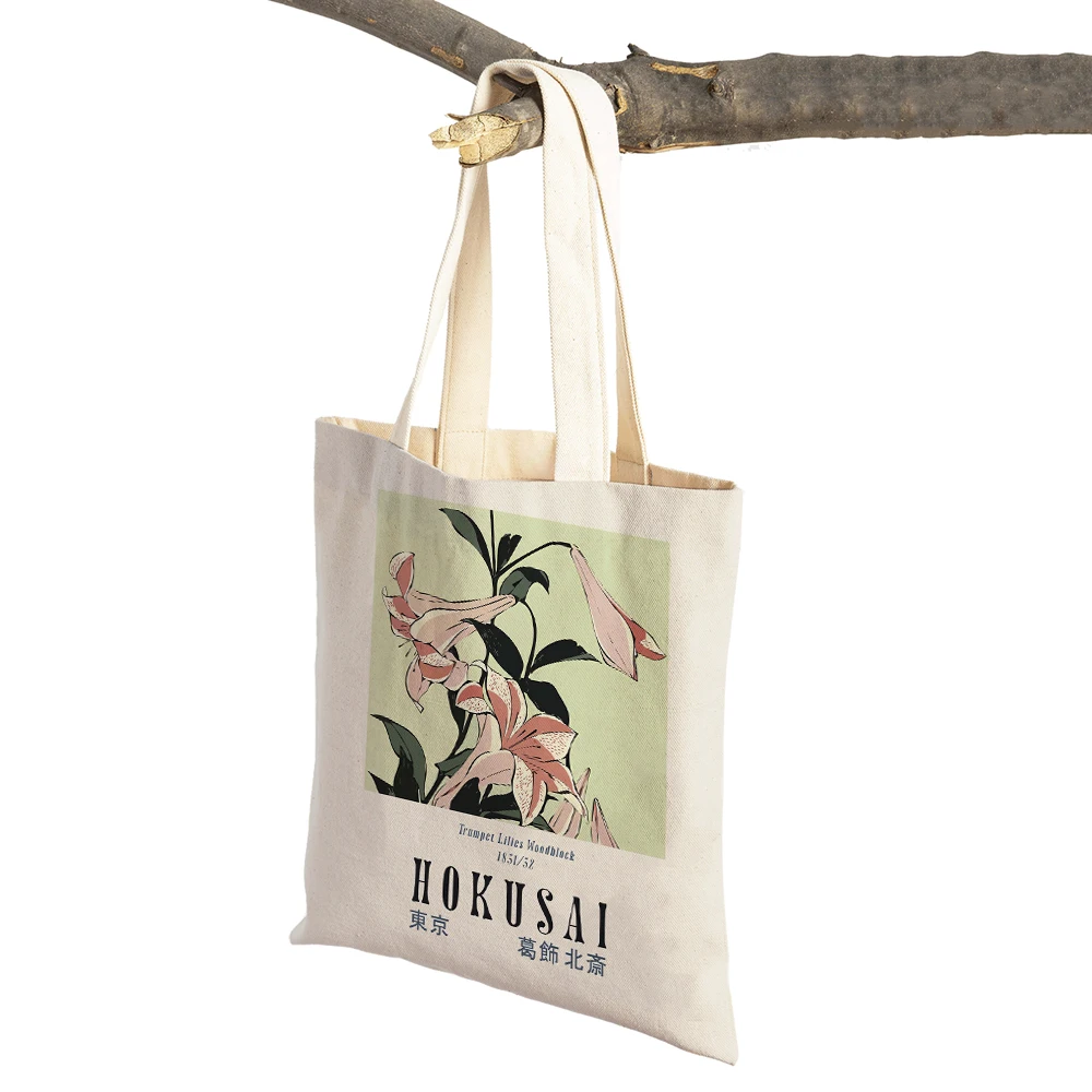 Hokusai Ohara Koson Japan Women Shopping Bag Double Print Abstract Casual Shopper Bags Lady Canvas Tote Flower Travel Handbag