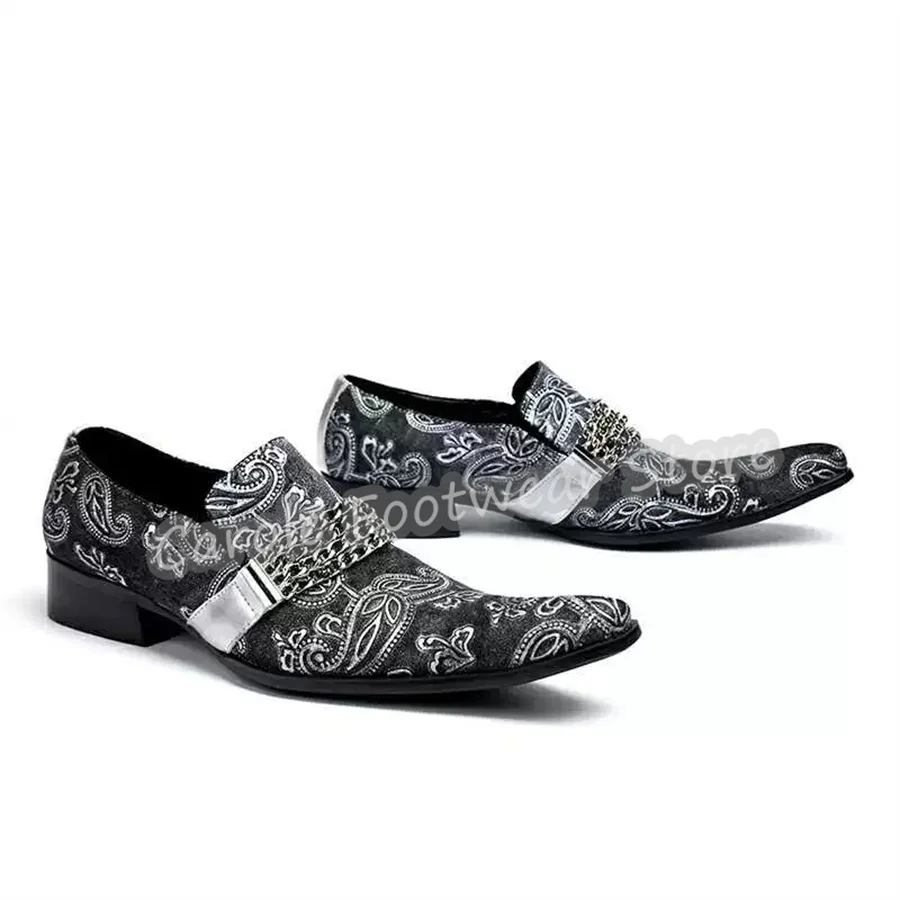 British Style Chain Decoration Genuine Leather Loafers Pointed Toe Chunky Heel Slip-On Shoes Male Nightclub Dress Derby Shoes