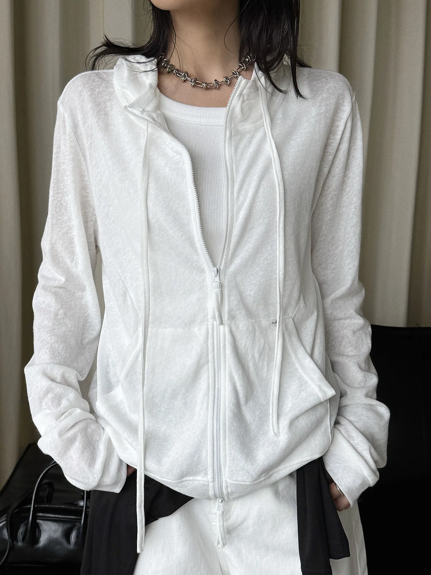 FANAN New Arrival Thin Sheer Zip Up Hooded Jacket Women Drawstring Pocket Long Sleeve Sun Protection Casual Beach Hoodie