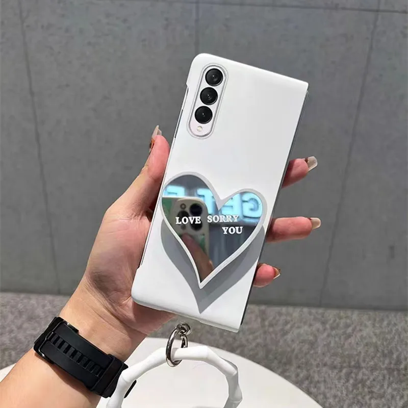 Fashion Love Holder Mirror Shell Phone Case for Samsung Galaxy ZFold 6 Z Fold 5 Z Fold4 Zfold 3 2 Hanging Chain Protection Cover