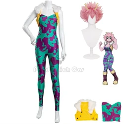 Anime My Ashido Mina Cosplay Costume Hero Mina Wig Printing Fitting Jumpsuits Academia Headwear Woman Halloween Carnival Set