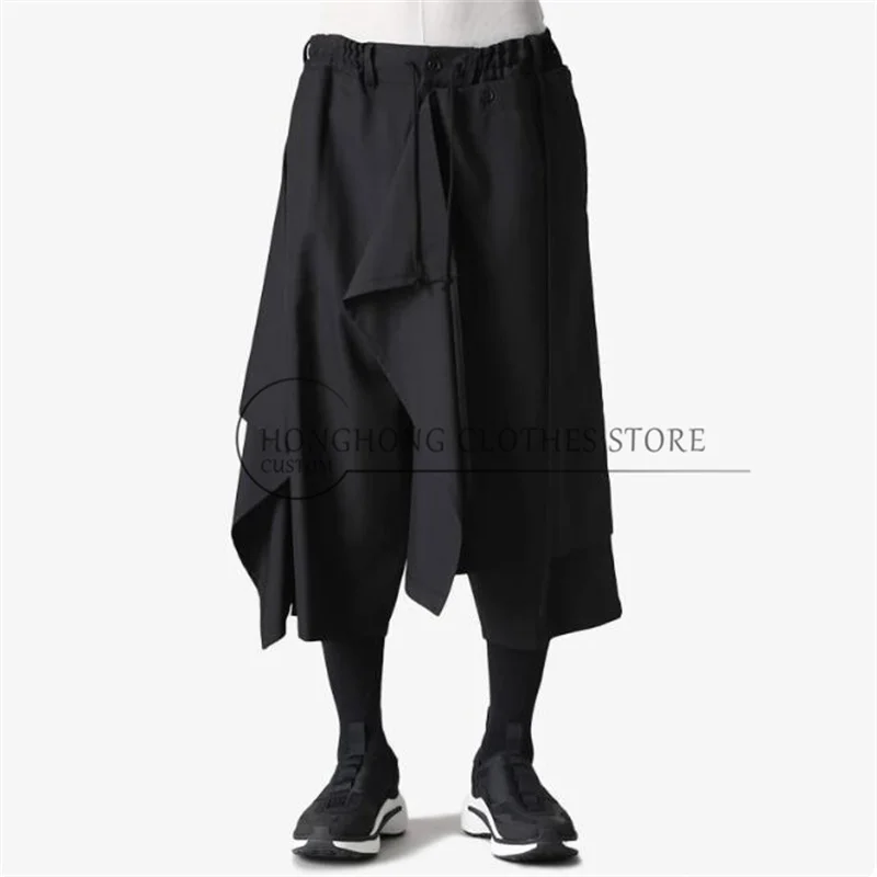 2026 Black detachable multi-layer deconstructed eight-inch pants. Loose large-sized Japanese-style tailored skirt pants.