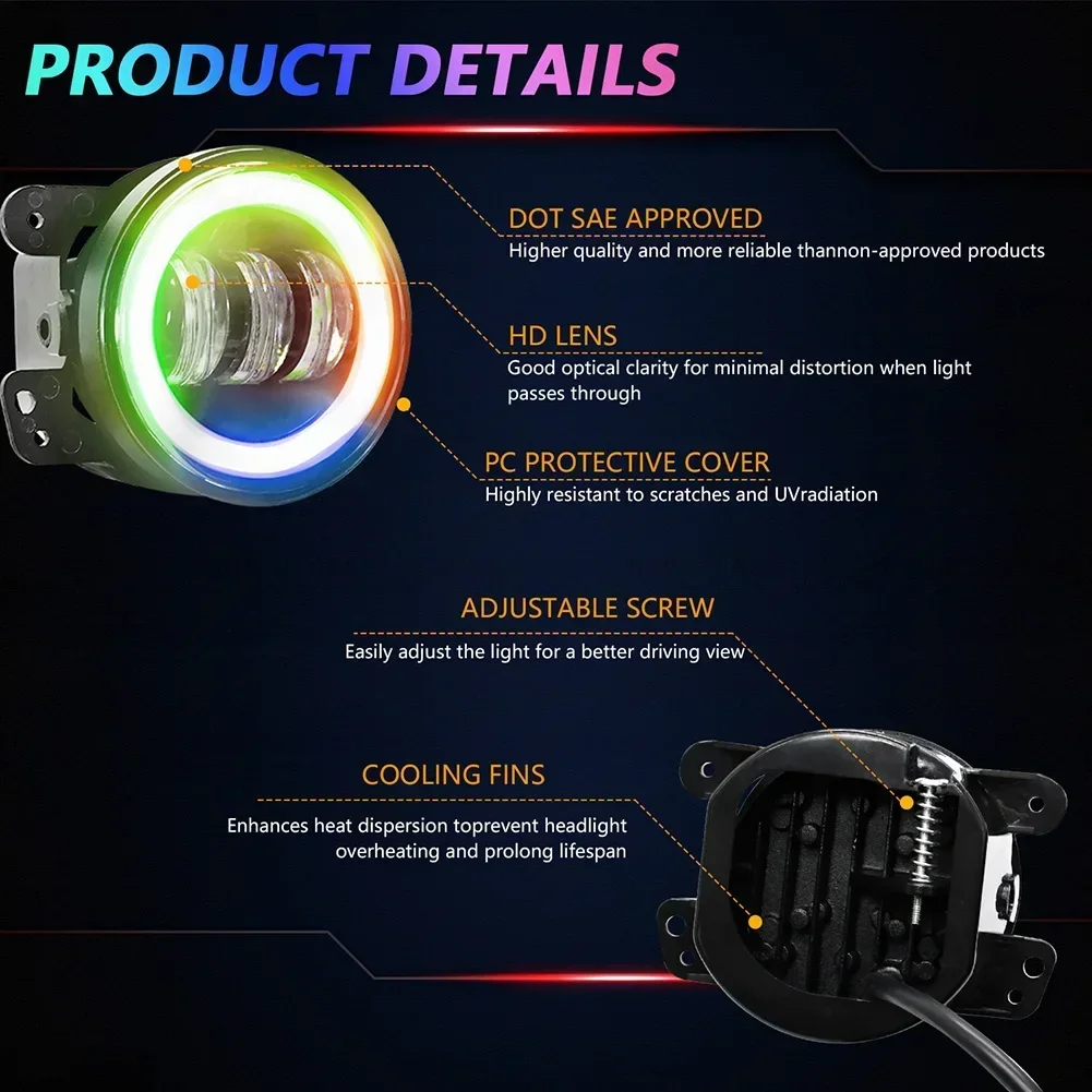 2pcs/set 4 Inch Car RGB Fog Lights Dazzling Angel Eyes Off-road Vehicle Headlight Modified Car LED Headlights