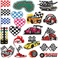 F1 Race Car Embroidered Badge Check Flag Iron on Patch Cartoon Speedway Signal Light Cloth Appliques Racing Team Uniform Decals