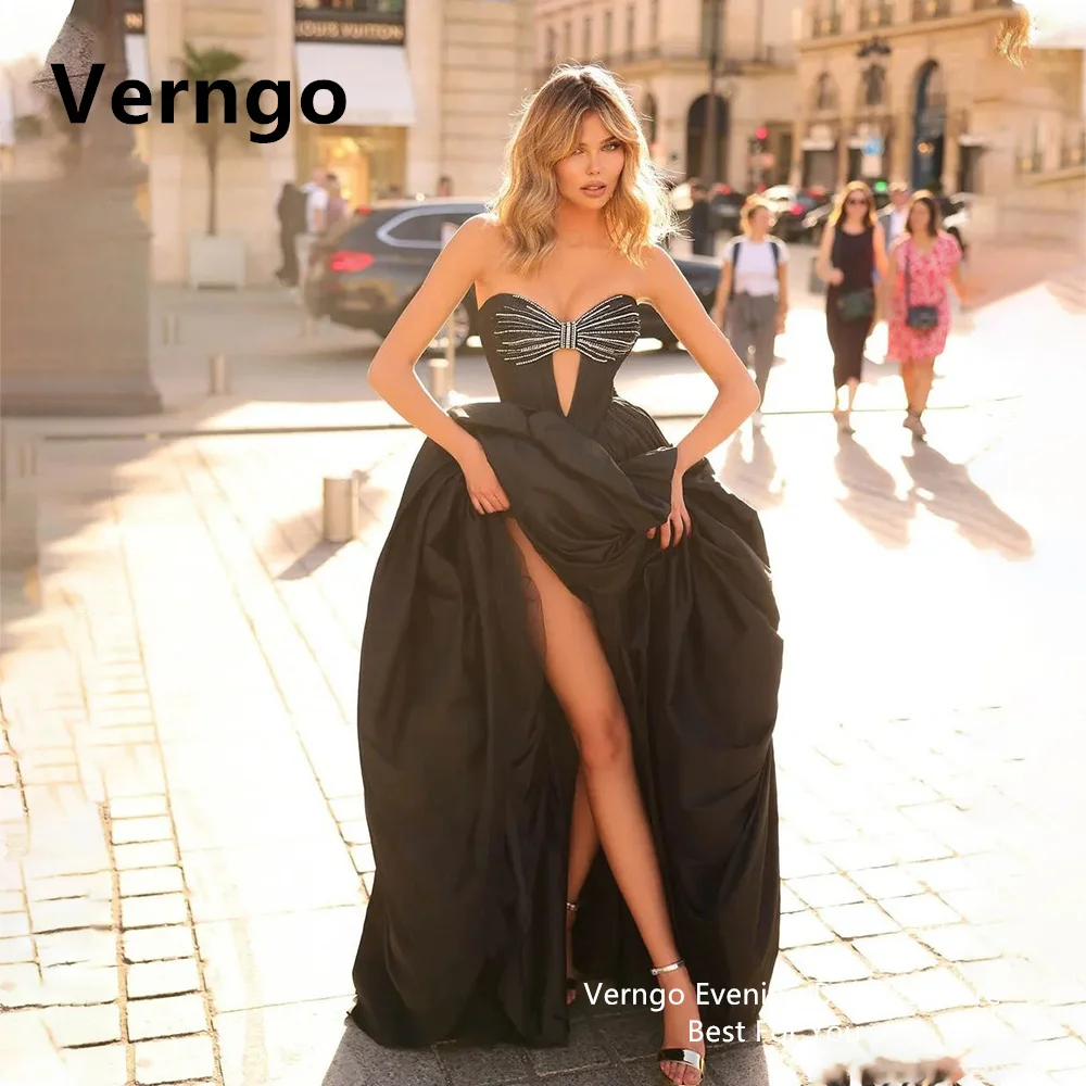 

Verngo Black Satin Crystal Prom Gowns Women Sweetheart A Line Evening Dress Sexy Cut Out Slit Party Gowns For Women