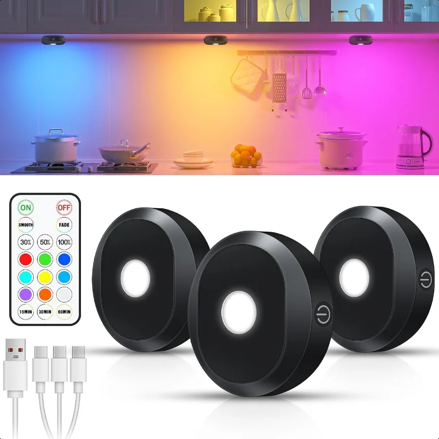 

RGB Under Cabinet LightsRechargeable Puck Lights with Remote Control Wireless Push Light with Timer Function Dimmable LED Touch