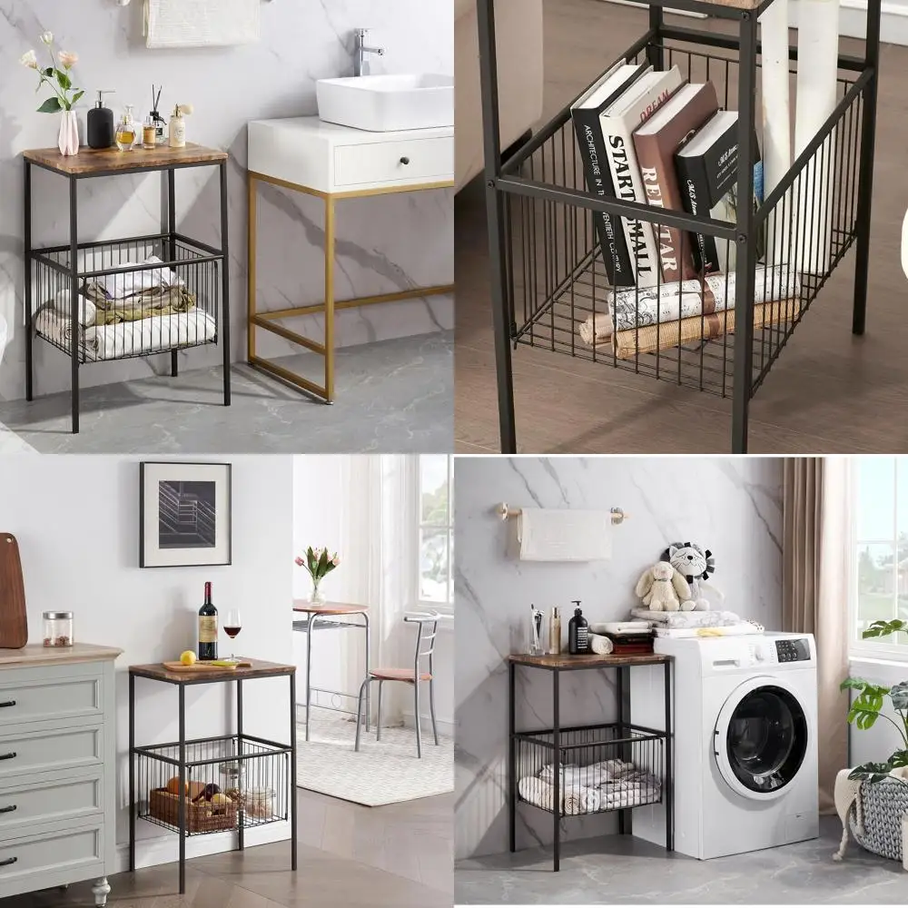

2-Tier Metal Basket End Table, Nightstand with Shelf, Wooden Frame, Waterproof for Various Rooms