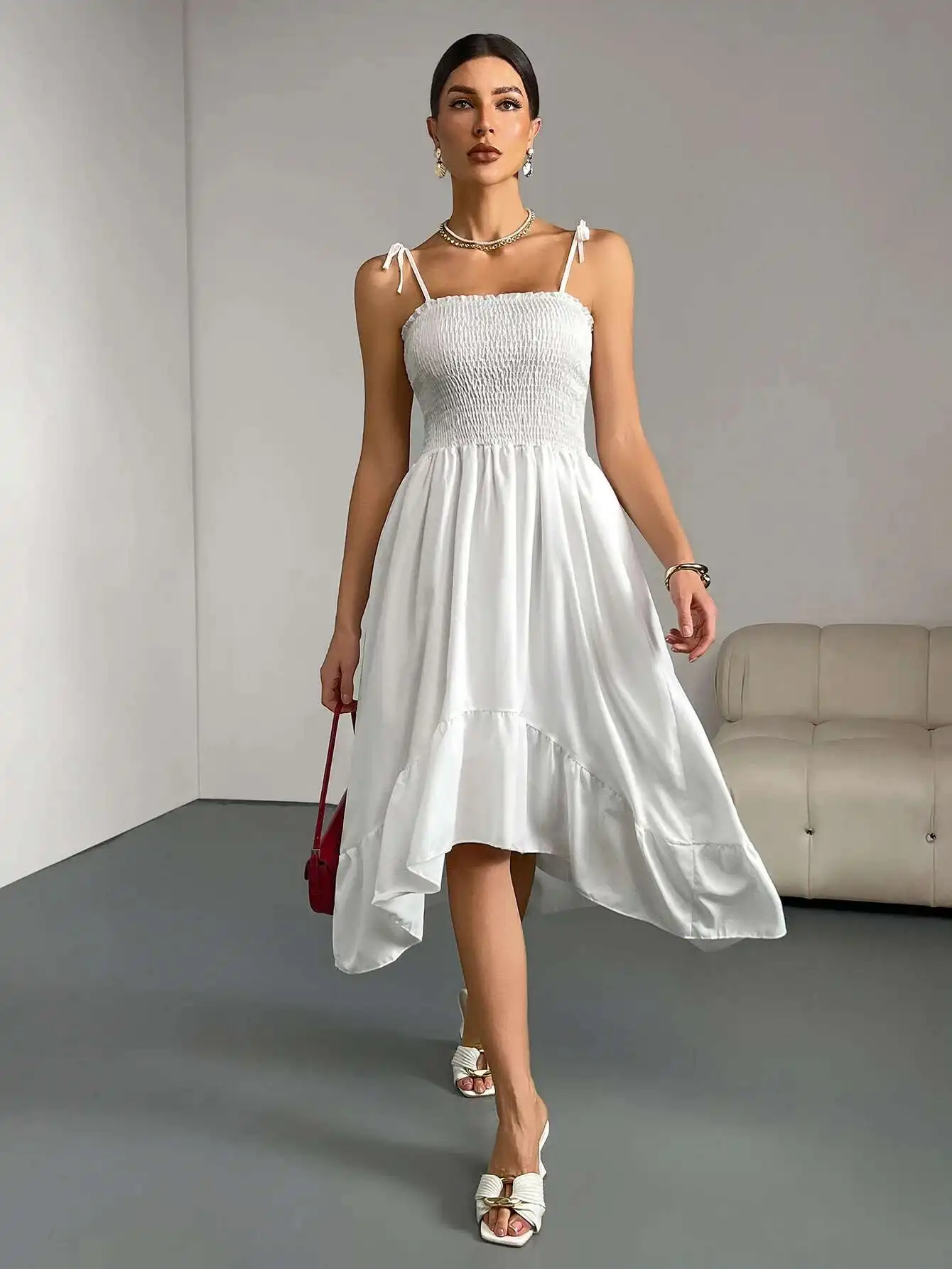 

2025 Summer New Women's Clothing White Suspender Solid Color Sleeveless Pleated Irregular Long Skirt Robe Vestido Women Party 1