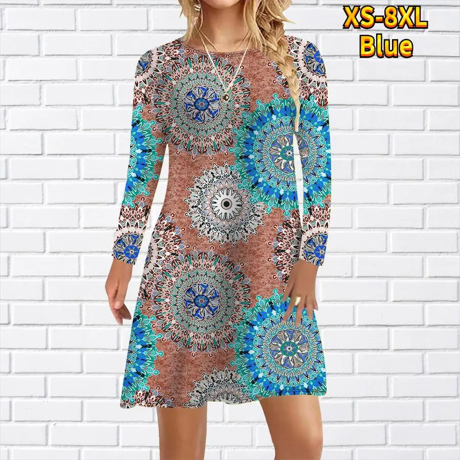 

Винтажное женское платье в праздничном стиле с абстрактным принтом и круглым вырезом, короткое платье с длинными рукавами, весенне-осеннее женское мини-повседневное женское платье